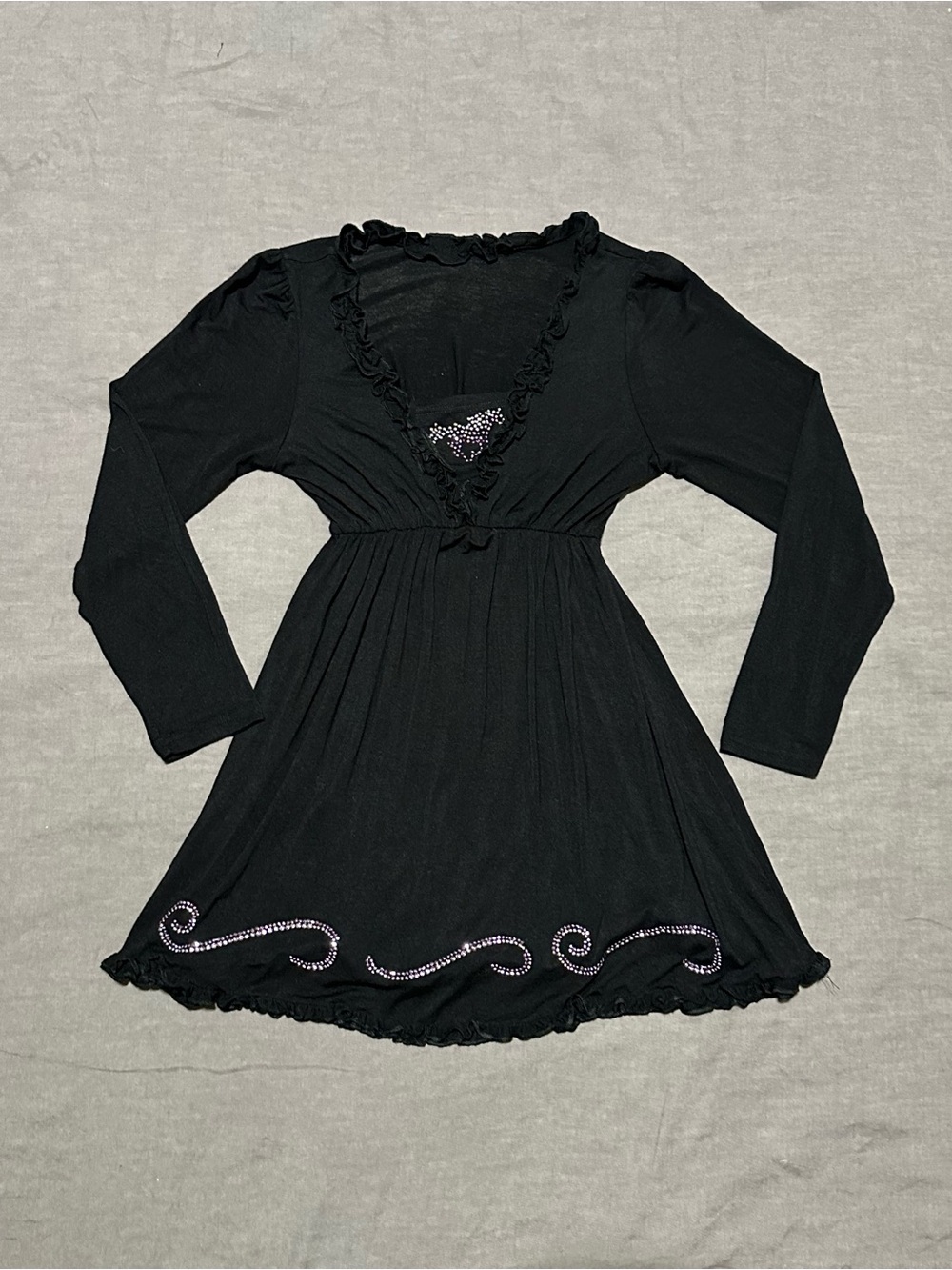 Red Ranch Black Long-Sleeve Ruffle Dress with Rhinestone Swirl Detail
